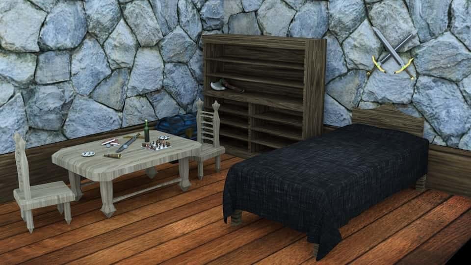 Foajebild med ett skrivbord och en dörr