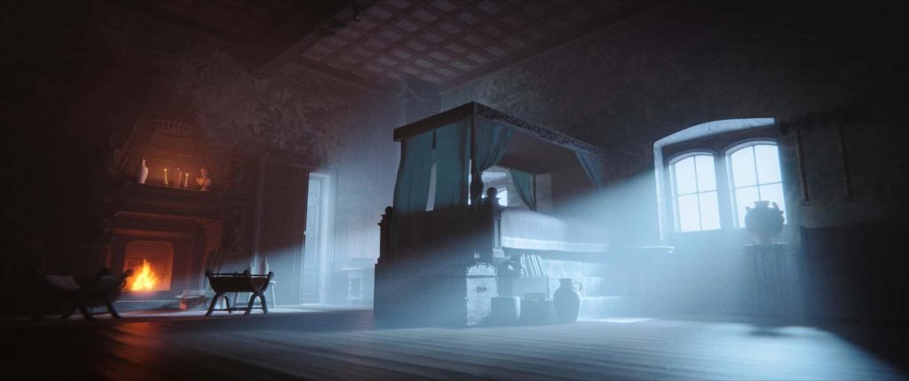 Sovrum med himmelssäng och dekor